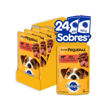 Pedigree Alimento Para Perros Adultos Razas Pequeñas, Sabor Res 100 gr, Paquete De 24 Sobres