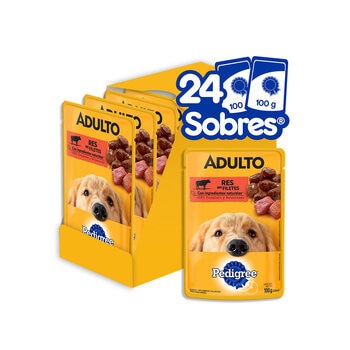 Pedigree Alimento Para Perros Adultos Sabor Res, Paquete De 24 Sobres de 100 gr