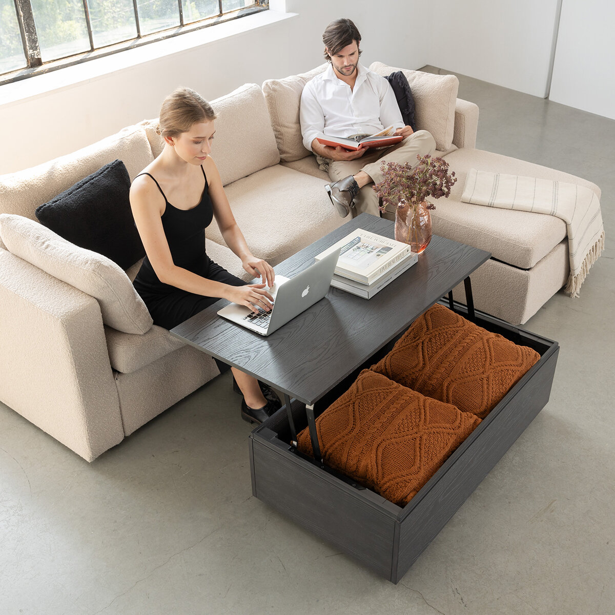 Transformer Table, Mesa de Centro Extendible, con Mecanismo Elevador, Color Gris
