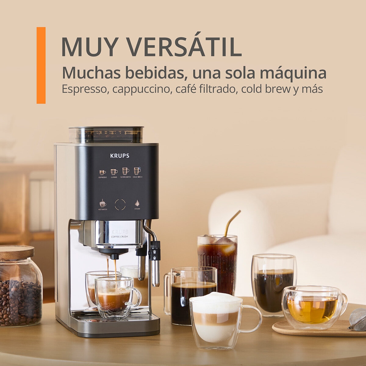 Krups Coffee Crush Experience, Cafetera Automática con Espumador de leche compatible con café en grano y molido