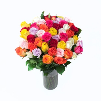 Chiltepec, Bouquet de 48 Rosas de Varios Colores en Florero de Vidrio