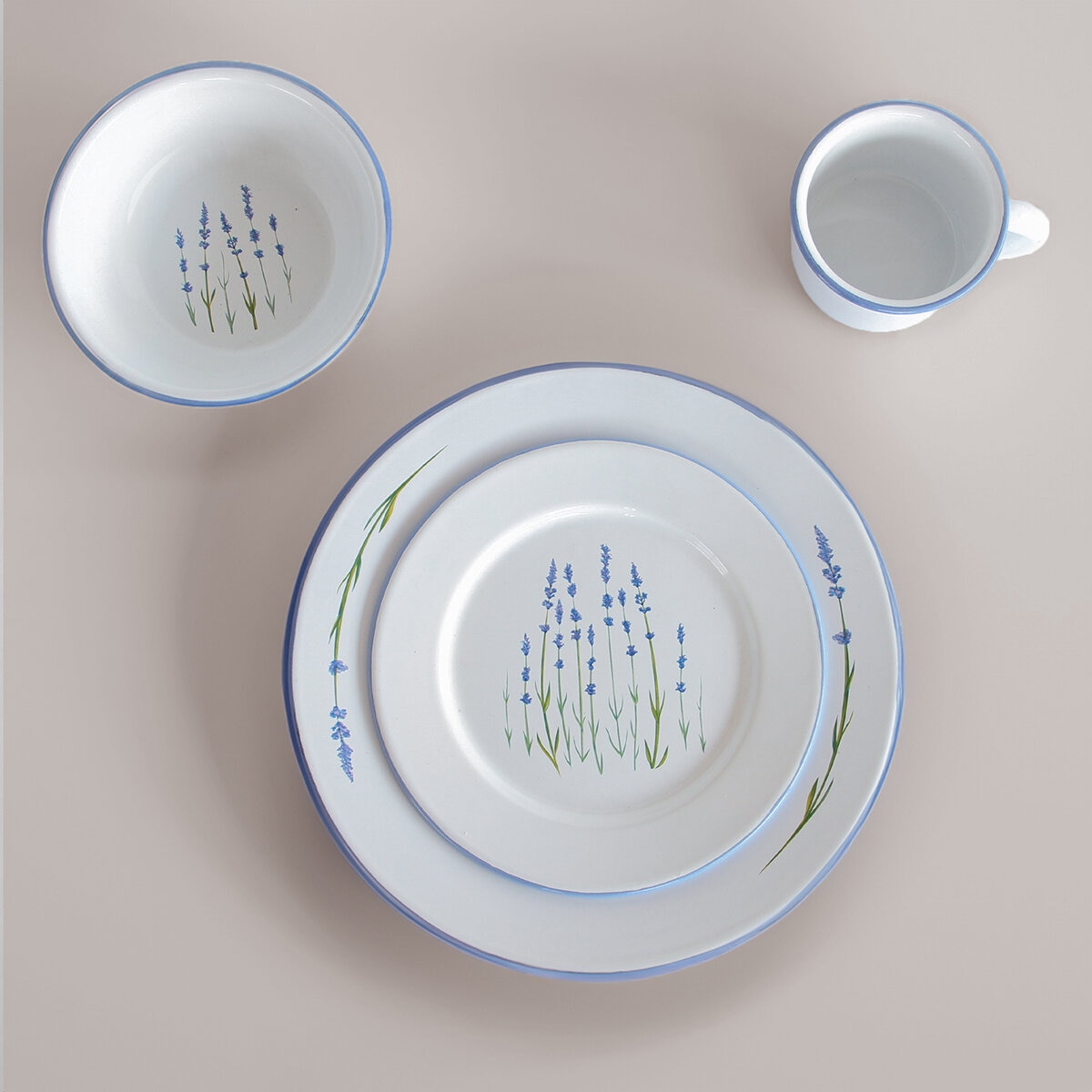 Baro Industrial, Vajilla de Acero Porcenalizado (Peltre) con Diseño, 16 piezas, Modelo Lavanda
