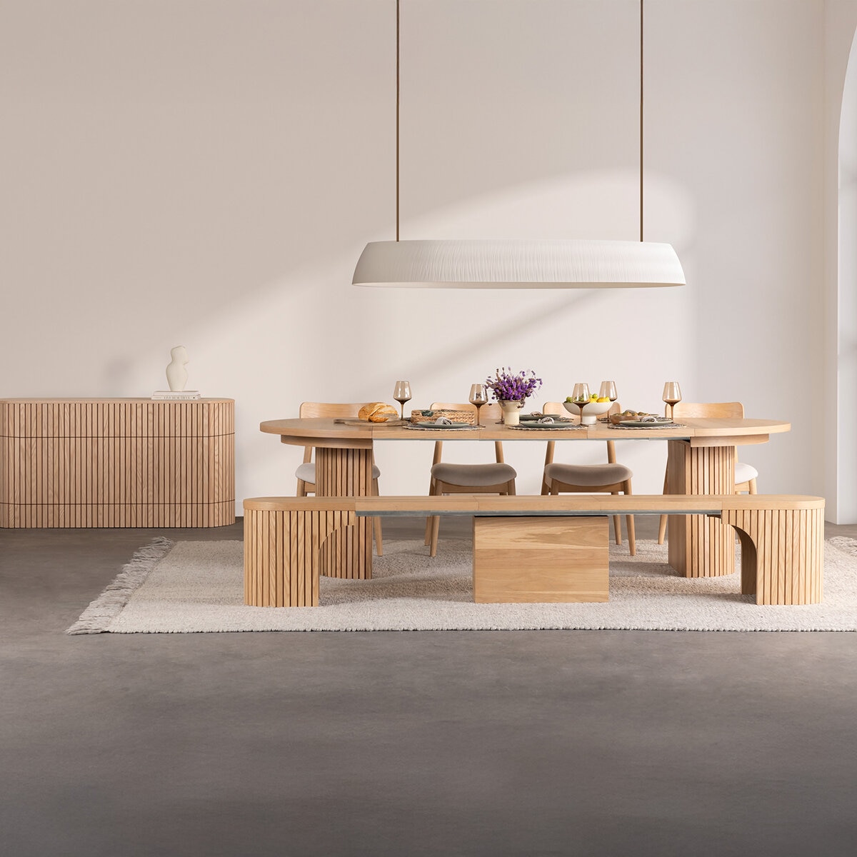 Transformer Table, Set de Comedor Redondo Expandible Capacidad de hasta 10 Personas, 100% Madera, Color Roble, con Aparador Transformer Table, Set de Comedor Redondo Expandible Capacidad de hasta 10 Personas, 100% Madera, Color Roble, con Aparador