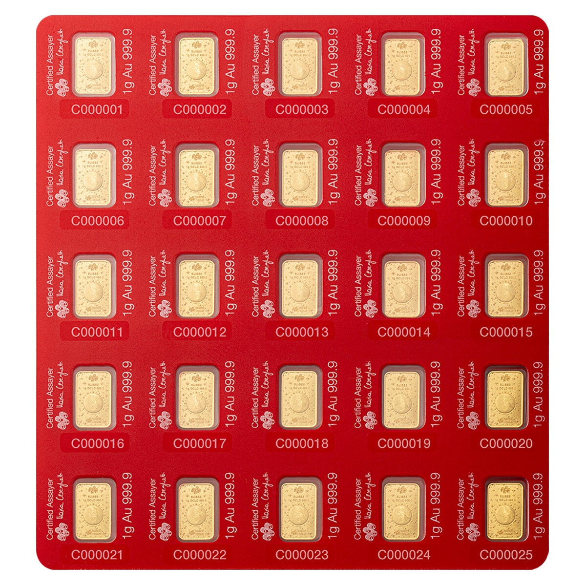 Lingotes de Oro 25 pz de 1g c/u PAMP, Caballo Buena Suerte