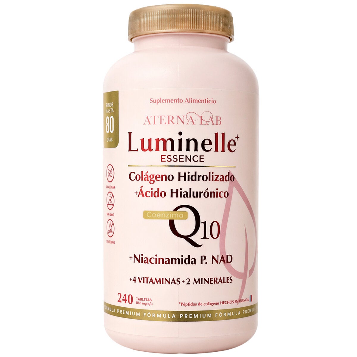 Luminelle Colágeno Hidrolizado, Ácido Hialuronico, NAD y Q10 Frasco de 240 Tabletas