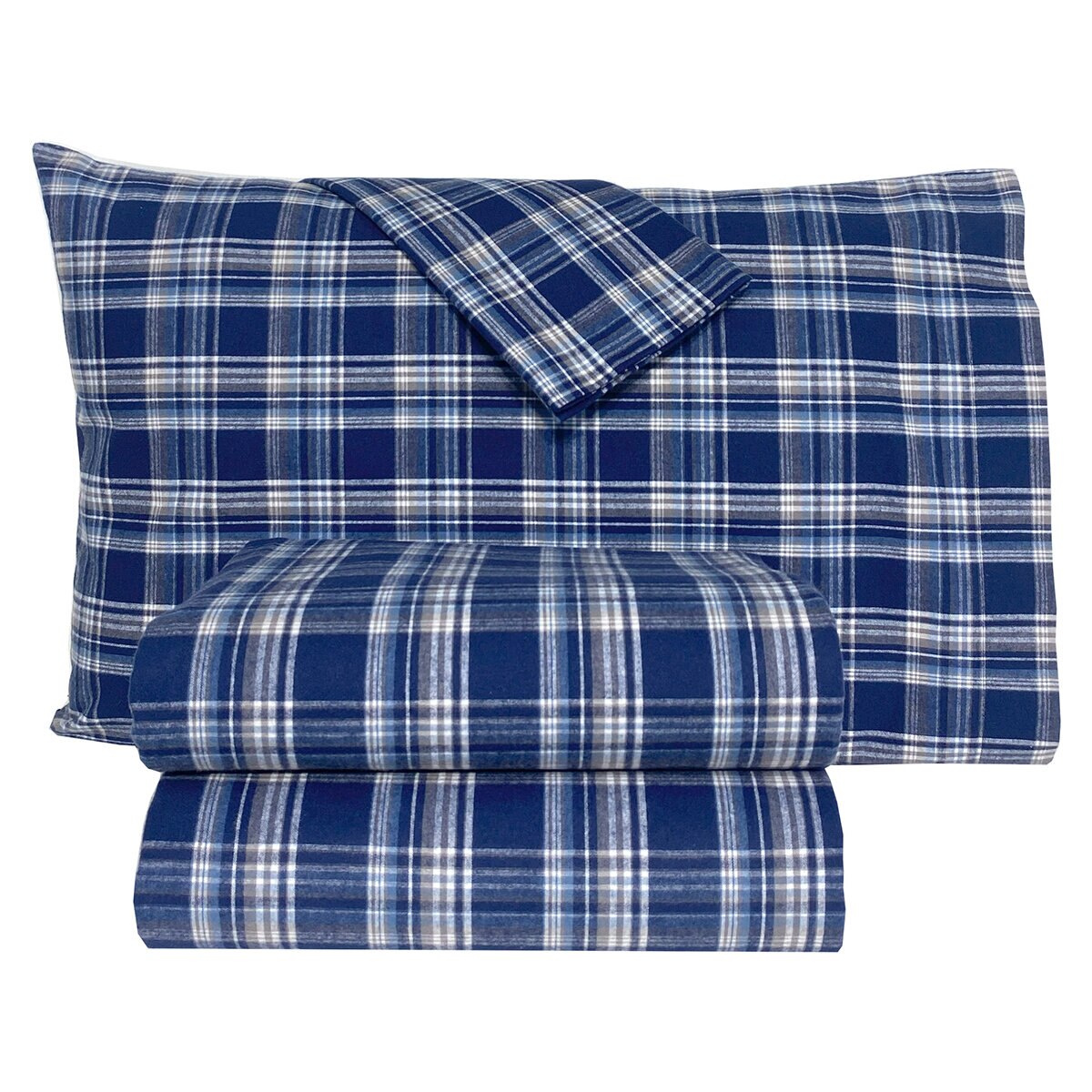 Flannel From Portugal, Juego de Sábanas de Franela, Tamaño Queen 4 Piezas, Navy Plaid
