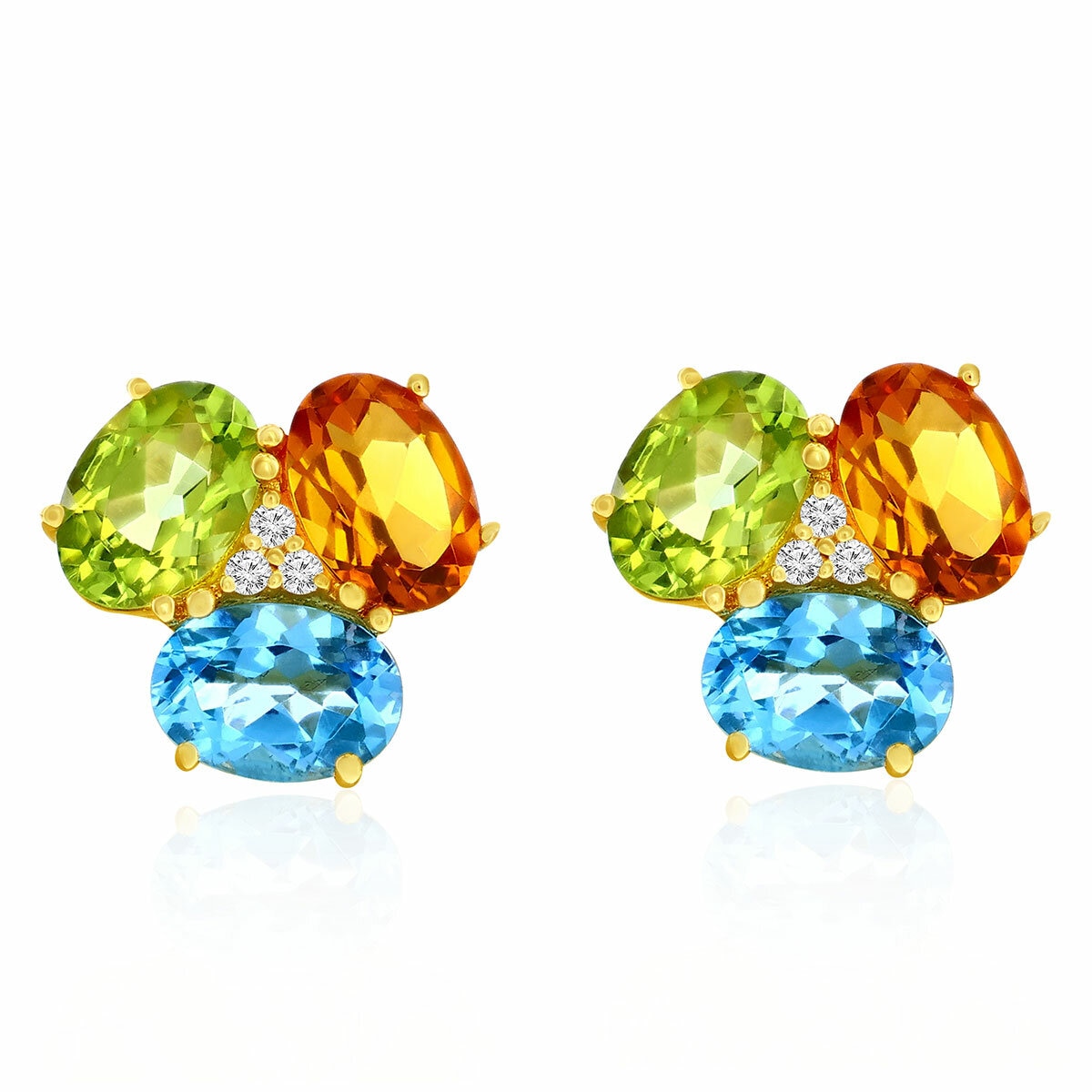 Aretes, Broquel de Piedras Preciosas, Oro Amarillo 14 K