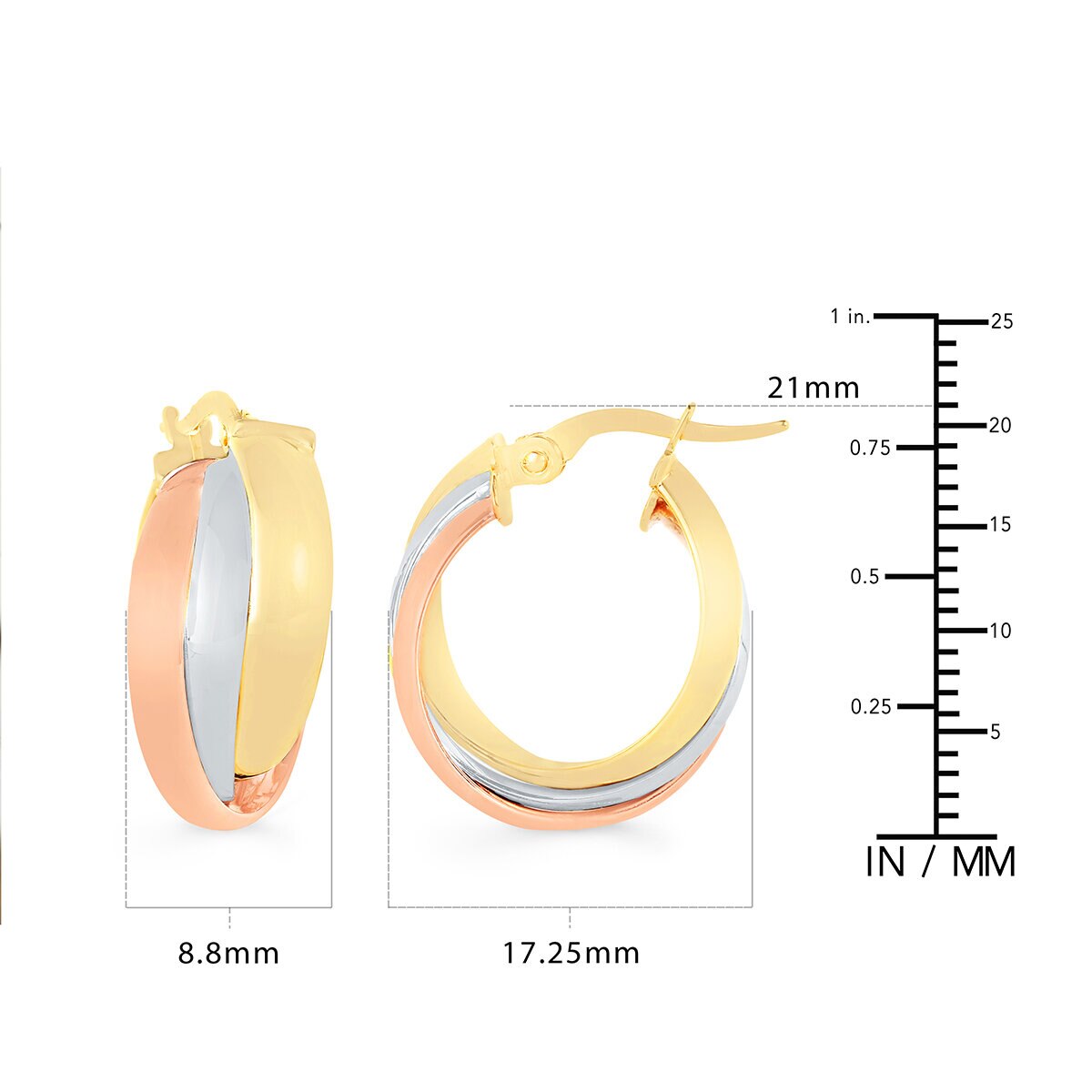 Aretes, Arracadas de Triple Fila, Oro Tres Tonos 14K