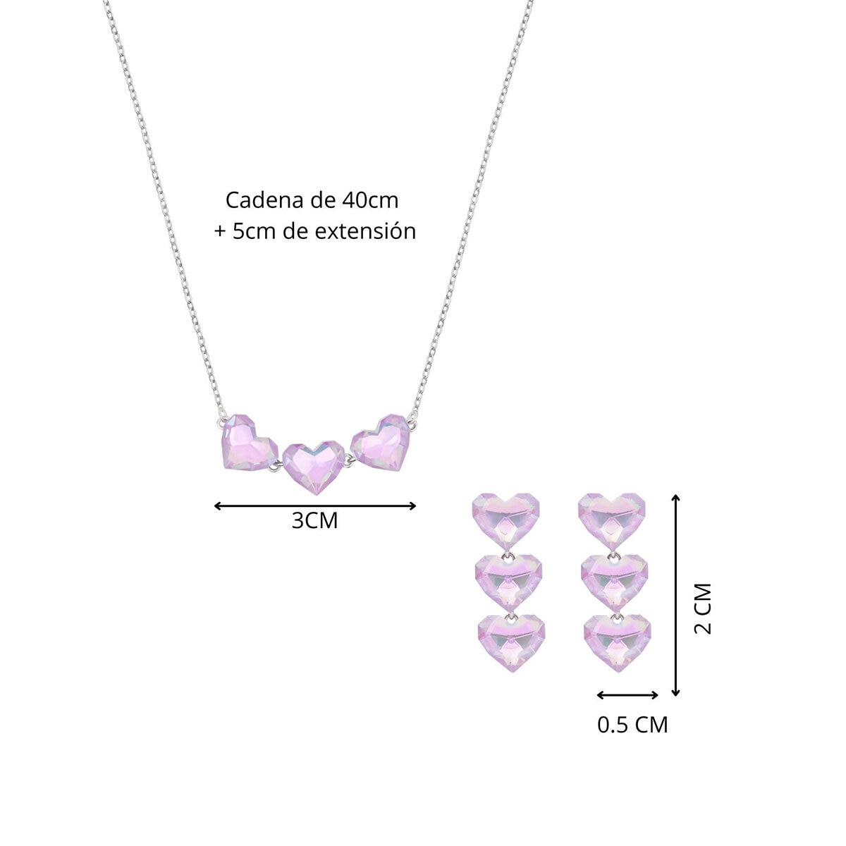 Mayfer, Juego de Collar y Aretes, Corazones con Cristal Austríaco