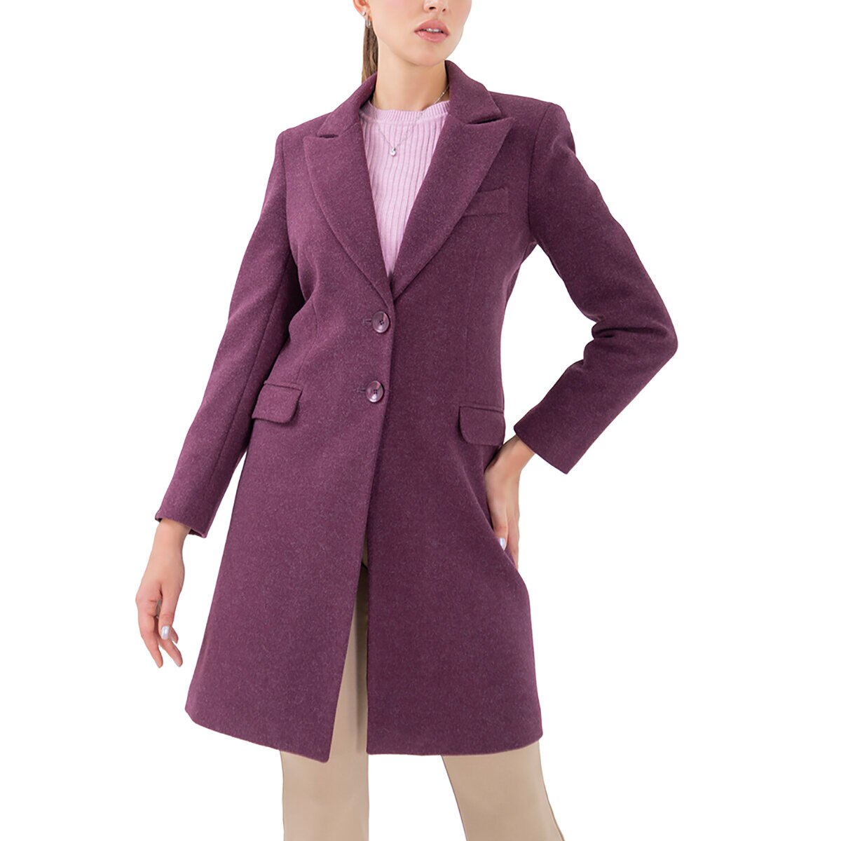 Shyla, Abrigo de Corte Clásico con Bolsas Estilizadas para Dama, Color Vino, Varias Tallas