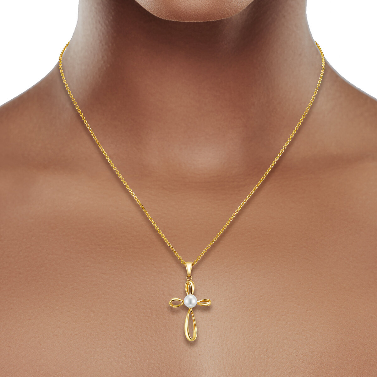 Collar con Dije de Cruz con Perla, Oro Amarillo de 14K