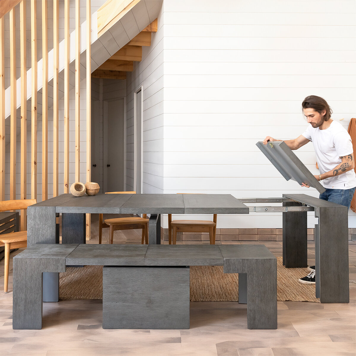 Transformer Table, Set de Comedor Expandible, Capacidad de hasta 12 Personas, 100% Madera, Color Gris Abedul
