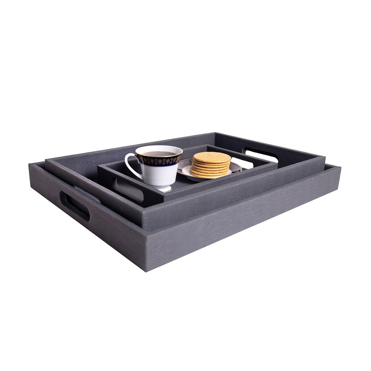 BHOME, Juego de 3 Charolas de Vinipiel, Color Gris