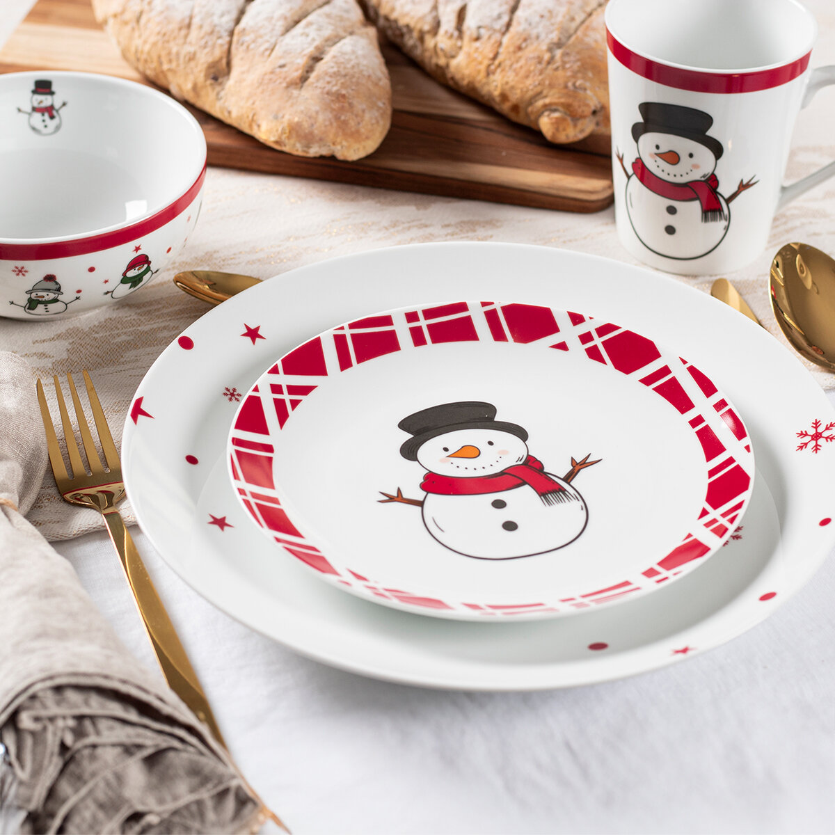 Crown Baccara Vajilla de Porcelana 16 piezas, Muñeco de Nieve