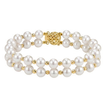 Pulsera de Perlas Cultivadas 7-8mm con Dos Filas, Oro Amarillo de 14K