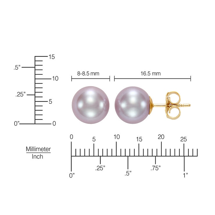Aretes de Perlas Rosas Cultivadas Agua Dulce, 8-8.5mm, Oro Amarillo de 14K