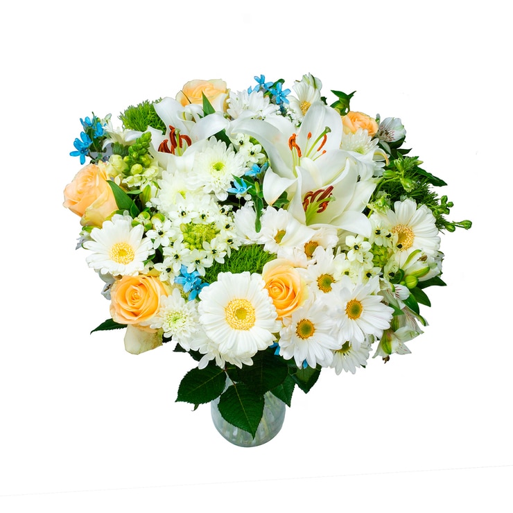 Bouquet mixto de 36 tallos en tonos blanco y azul Bouquet mixto de 36 tallos en tonos blanco y azul