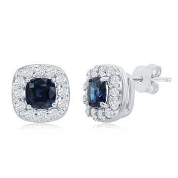 Aretes de Zafiro Azul y Diamantes 0.49ctw, Oro Blanco de 14K