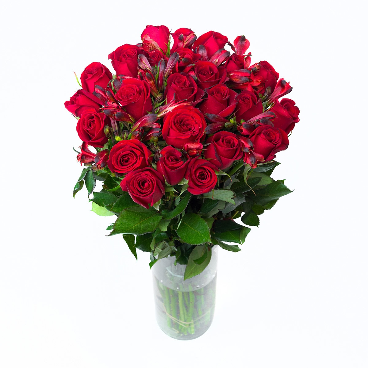 Bouquet 24 rosas con 10 alstromelias color rojo