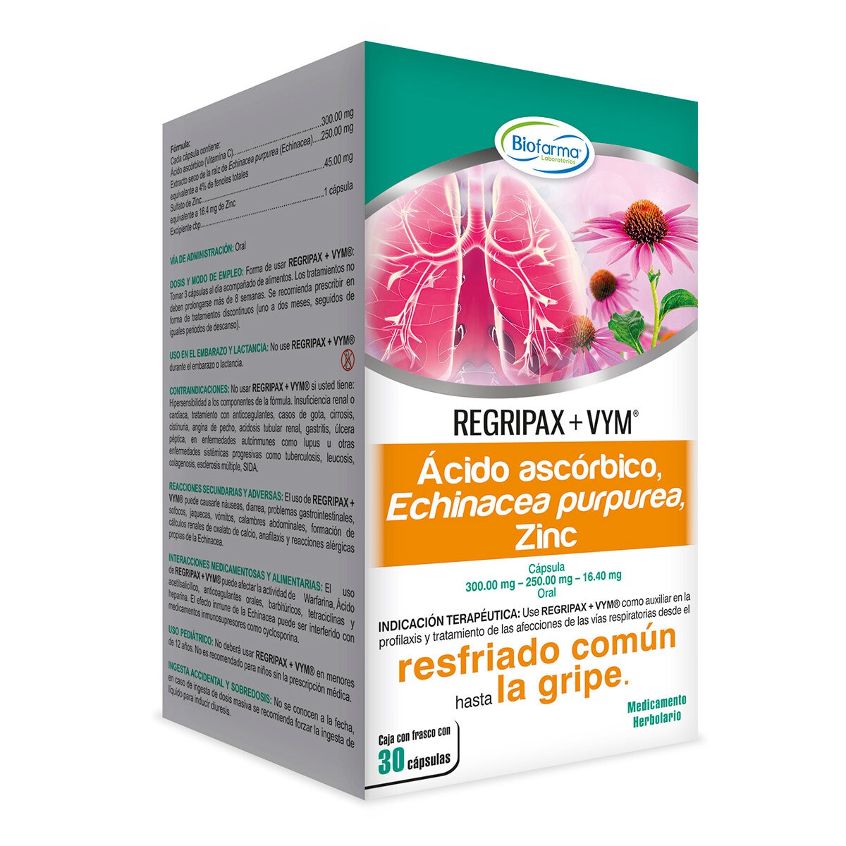 Regripax + VYM Ácido Ascórbico 300mg, Echinacea Purpurea 250mg , Zinc 16.40mg 2 de 30 cápsulas