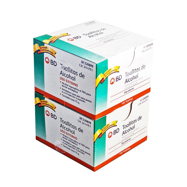 BD Toallitas de Alcohol 2 Cajas de 100 Piezas c/u
