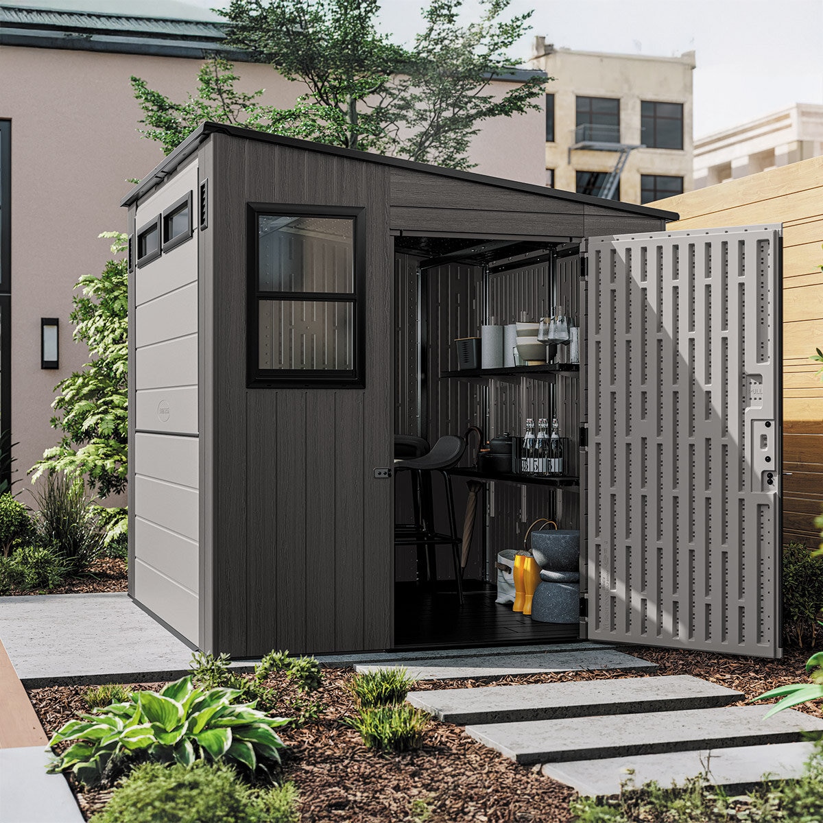 Suncast, Cobertizo de Entretenimiento Tipo Cabaña de 2.4 m x 2.1 m