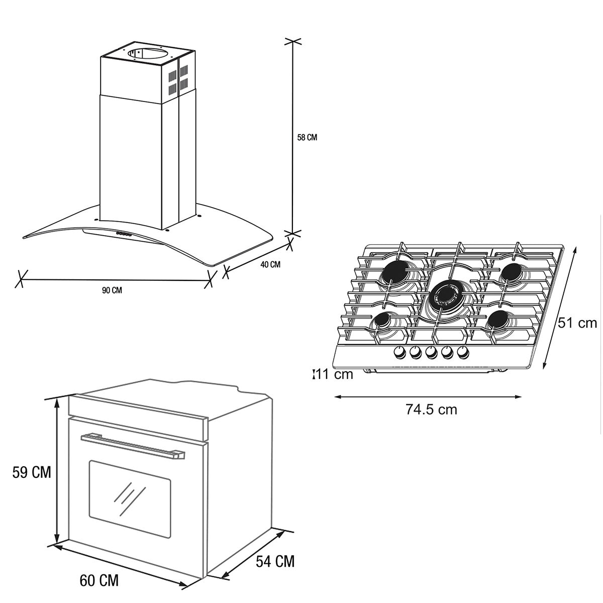 Koblenz Combo Campana 90 cm Parrilla 75 cm y Horno de Gas