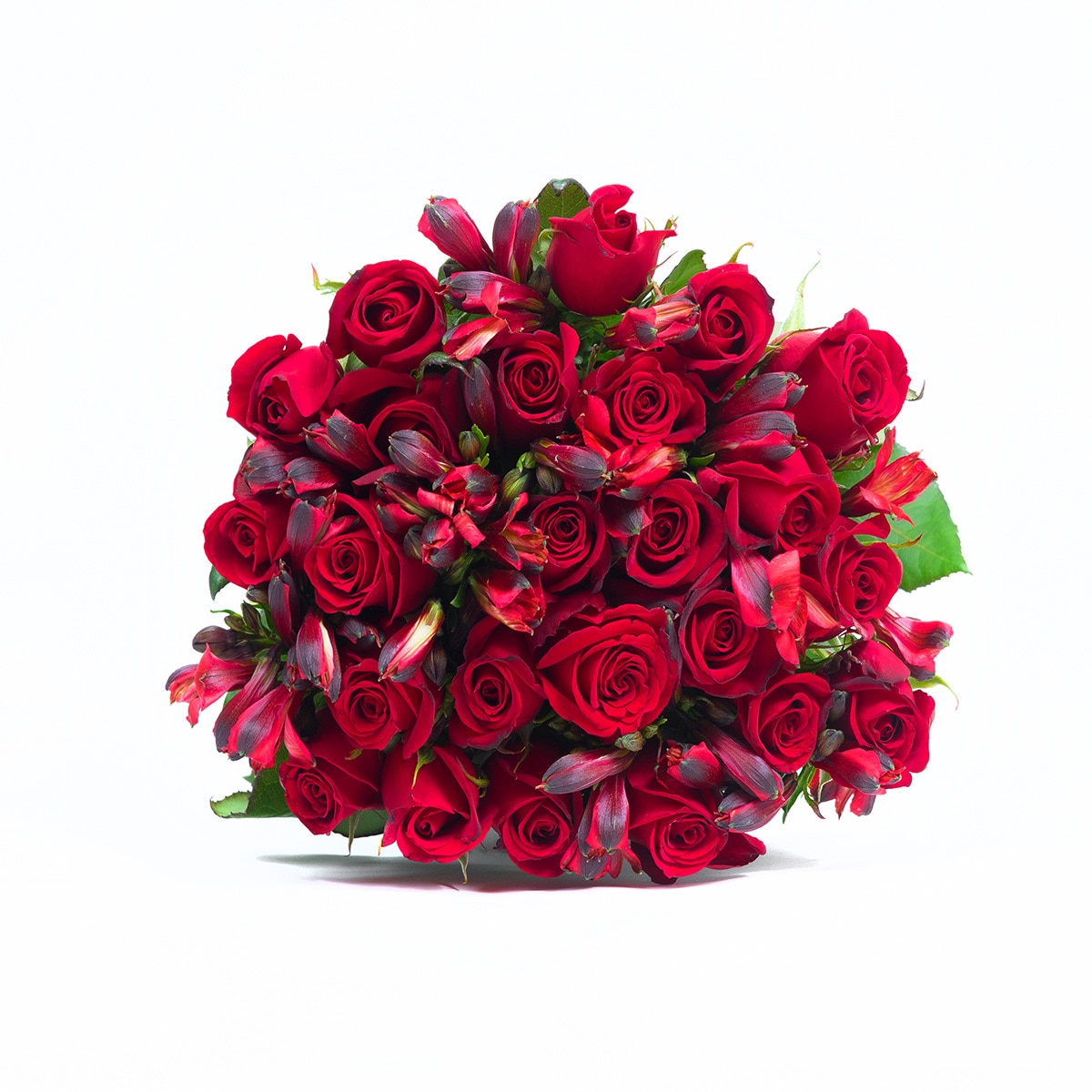 Bouquet 24 rosas con 10 alstromelias color rojo