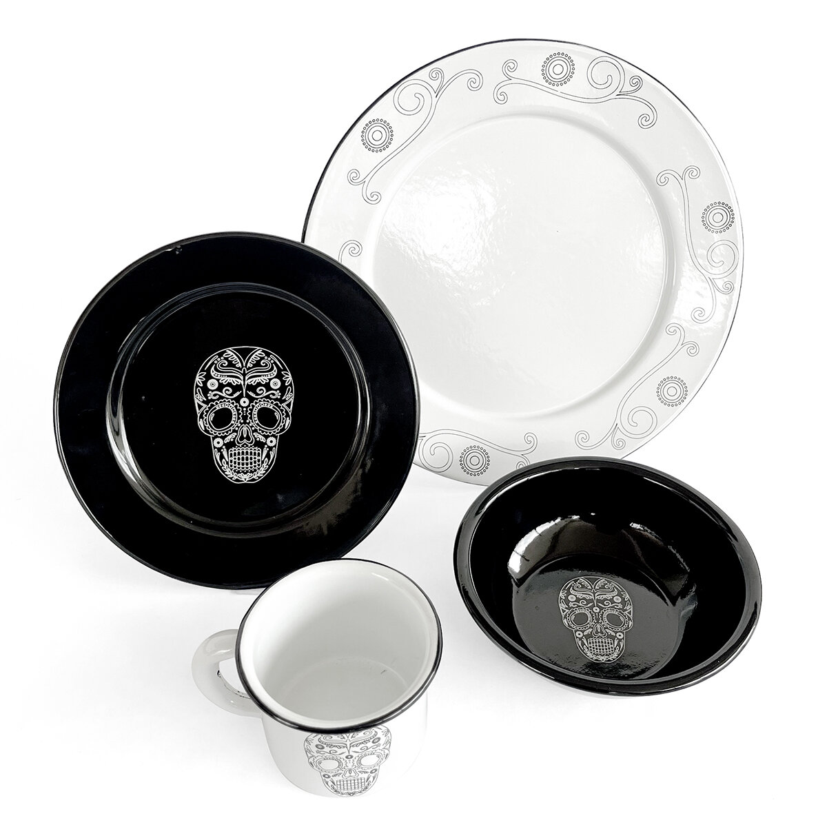 Baro Industrial, Vajilla Peltre, Diseño Calavera, 16 piezas