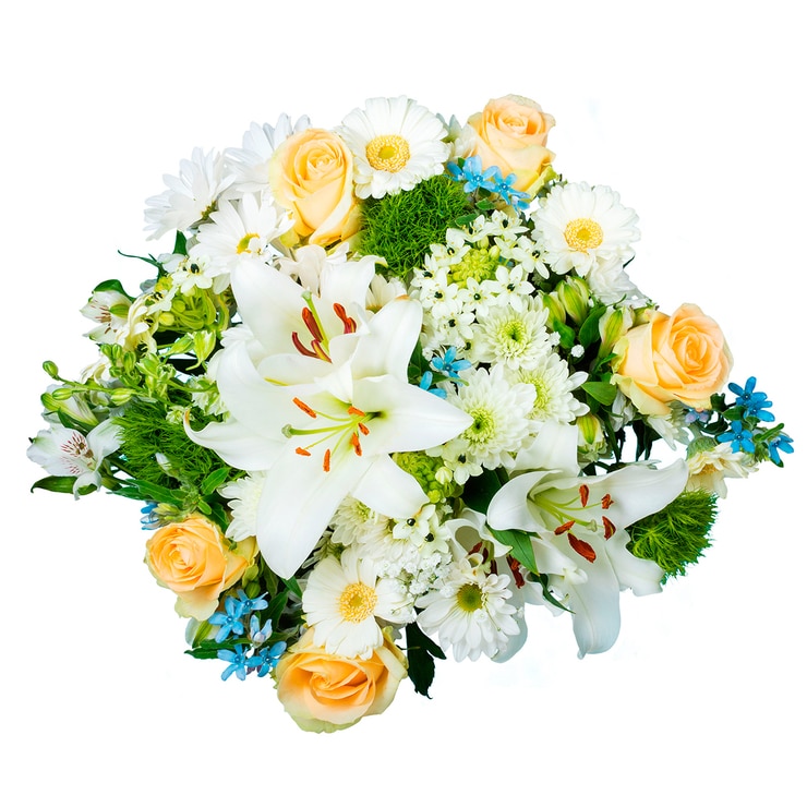 Bouquet mixto de 36 tallos en tonos blanco y azul Bouquet mixto de 36 tallos en tonos blanco y azul