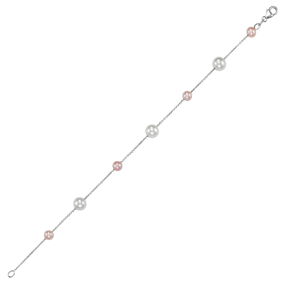 Pulsera de Perlas, Blancas y Rosas, 5-7.5mm, Oro Blanco de 14kt