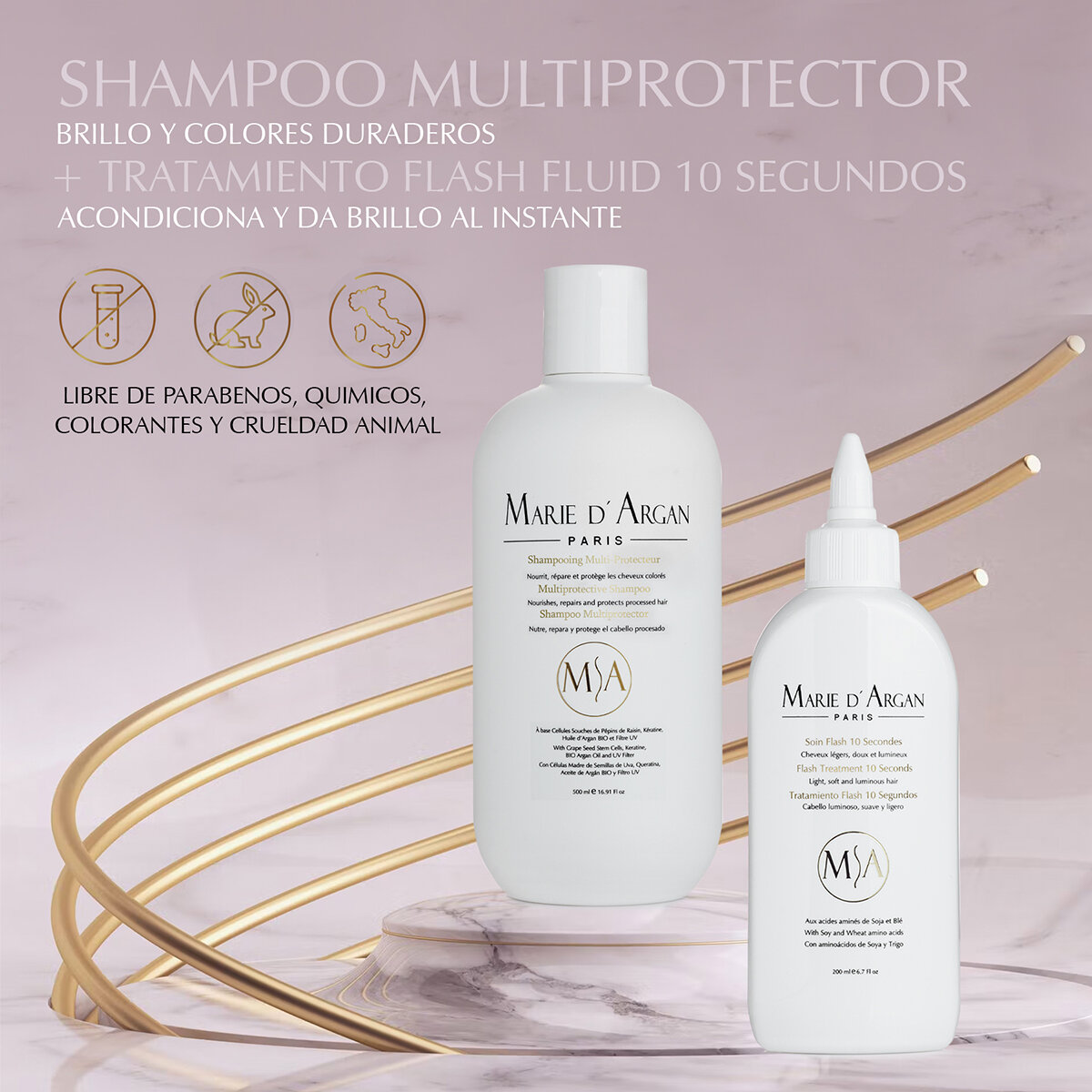 Marie D'Argan, Dúo Shampoo Multiprotector + Tratamiento Flash Fluid 10 segundos