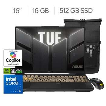 ASUS TUF Gaming F16 Laptop 16" Full HD+ Intel Core 5-210H 16GB 512GB SSD + Mochila + Mouse ASUS TUF Gaming F16 Laptop 16" Full HD+ Intel Core 5-210H 16GB 512GB SSD + Mochila + Mouse