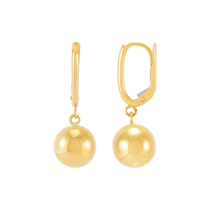 Aretes de cuentas pulidas 9.6mm, Oro Amarillo de 14K Aretes de cuentas pulidas 9.6mm, Oro Amarillo de 14K