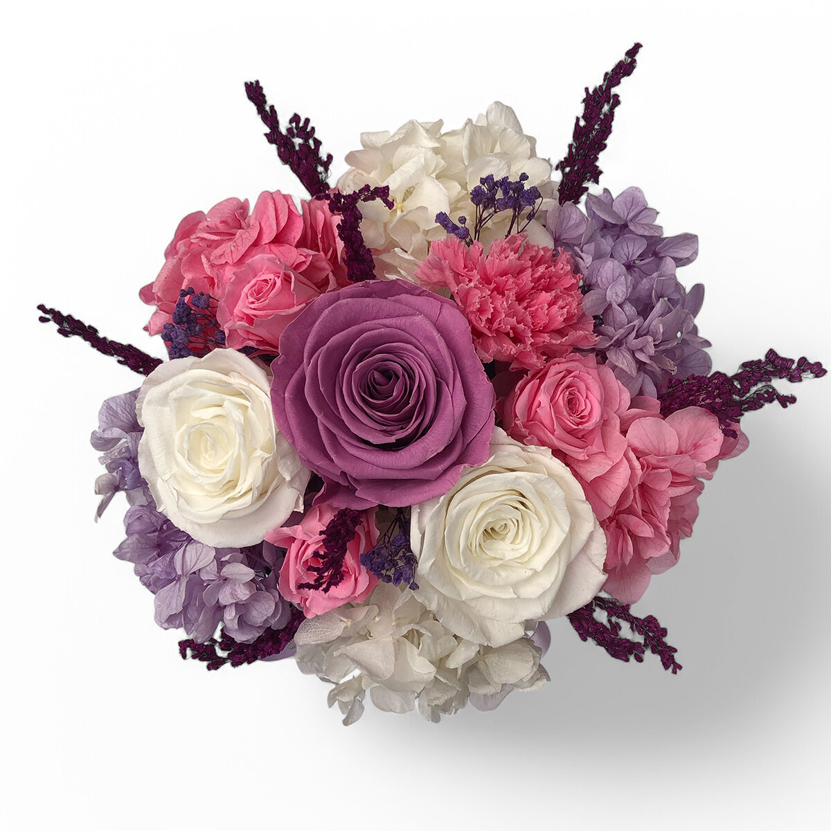 Mina'an Flor Eterna, Bouquet Mix Lila, Caja Negra, Duración 6 Meses