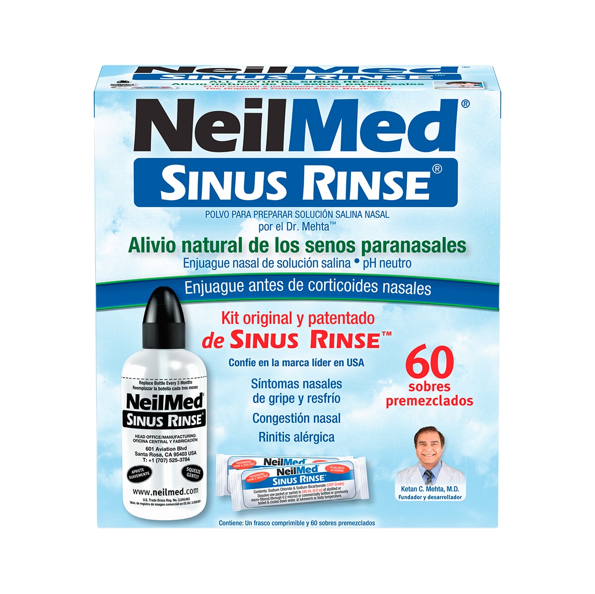 NeilMed Sinus Rinse Enjuague Nasal de Solución Salina con 60 Sobres + Frasco de enjuague de 240ml