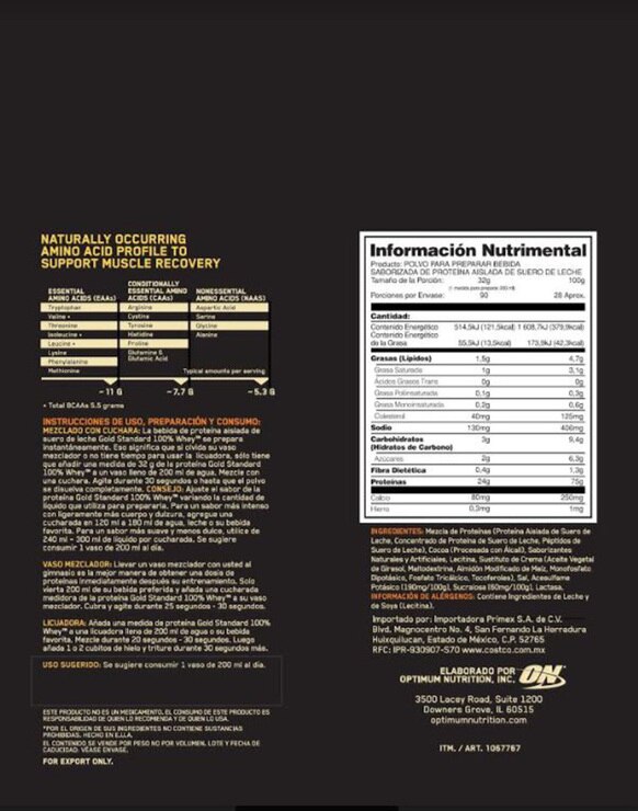 Gold Standard Whey, Proteína en polvo sabor chocolate 2.88 Kg Costco