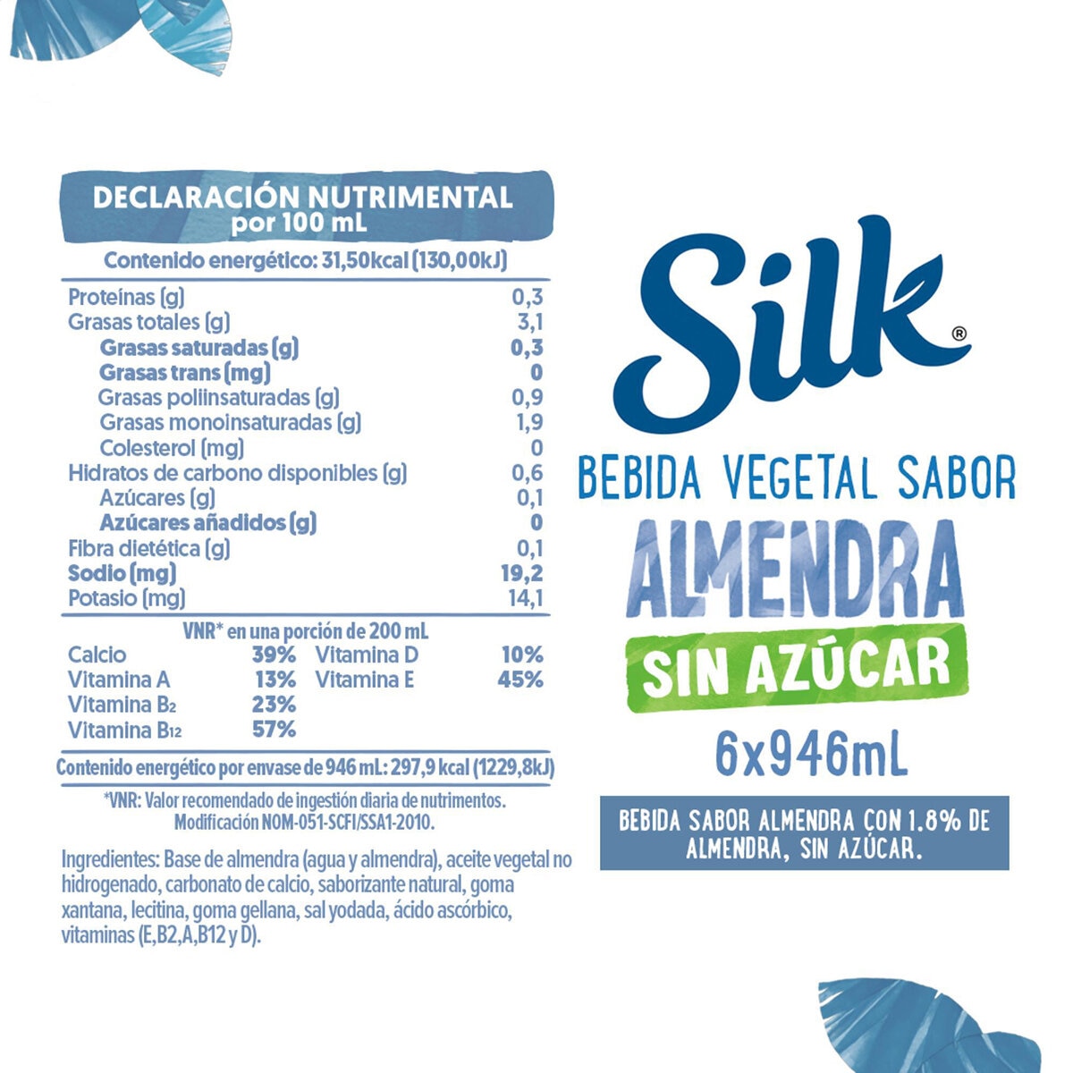Silk Bebida de Almendra sin Azúcar 6 pzas de 946 ml