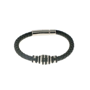 Pulsera de Piel, Color Negro, con Aplicaciones de Acero para Caballero