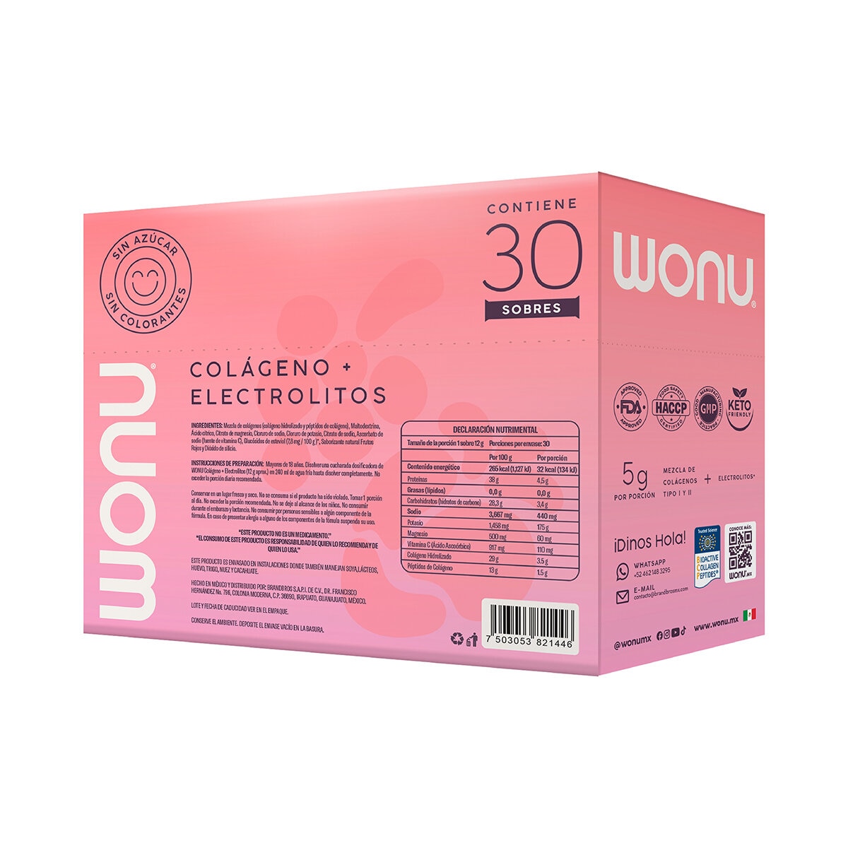 WONU Colágeno con Electrolitos en Polvo Sabor Frutos Rojos 30 pzs de 12 gr