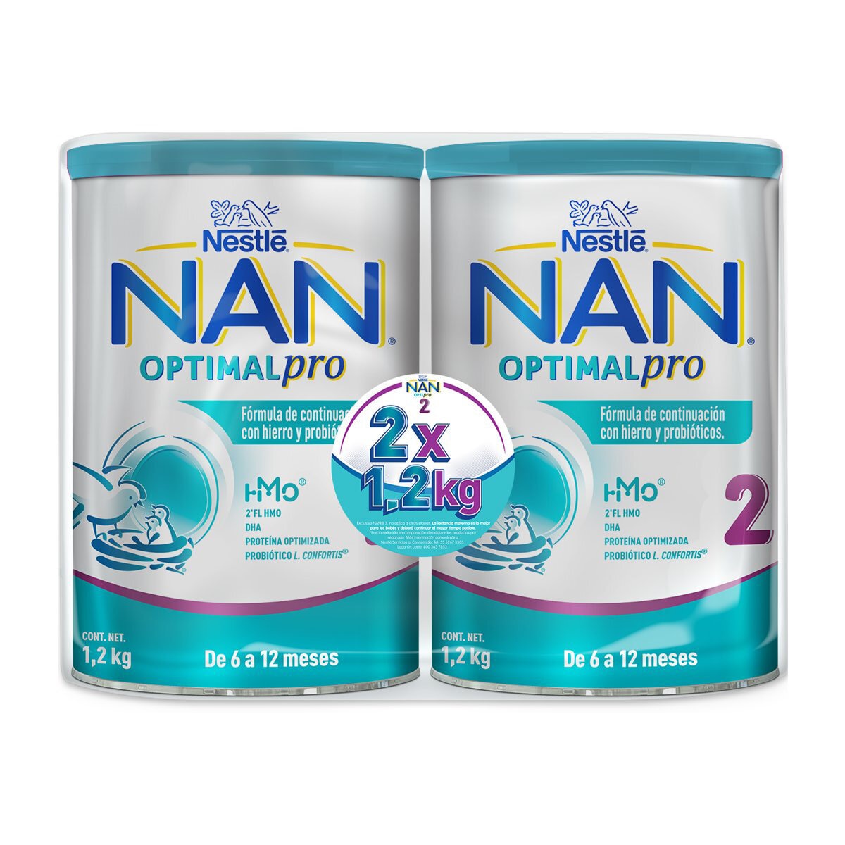 Nestle NAN Optipro 2 fórmula para bebé 2 Latas de 1.2 kg