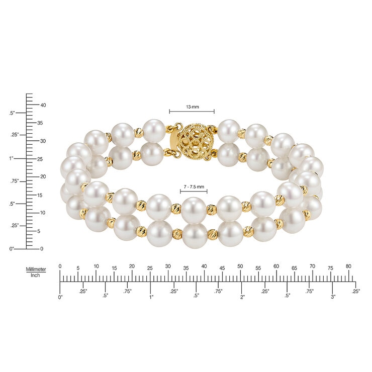 Pulsera de Perlas Cultivadas 7-8mm con Dos Filas, Oro Amarillo de 14K Pulsera de Perlas Cultivadas 7-8mm con Dos Filas, Oro Amarillo de 14K