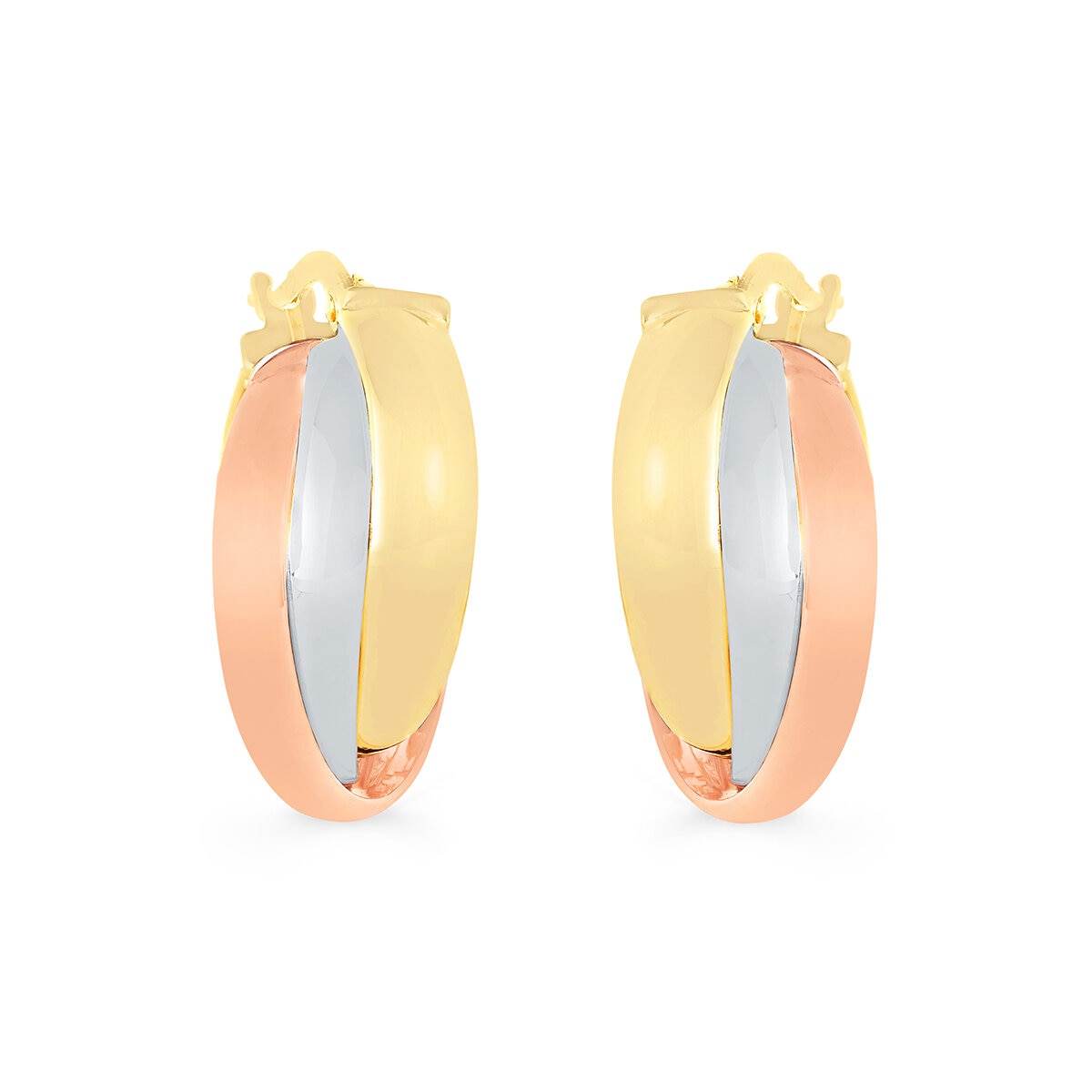 Aretes, Arracadas de Triple Fila, Oro Tres Tonos 14K