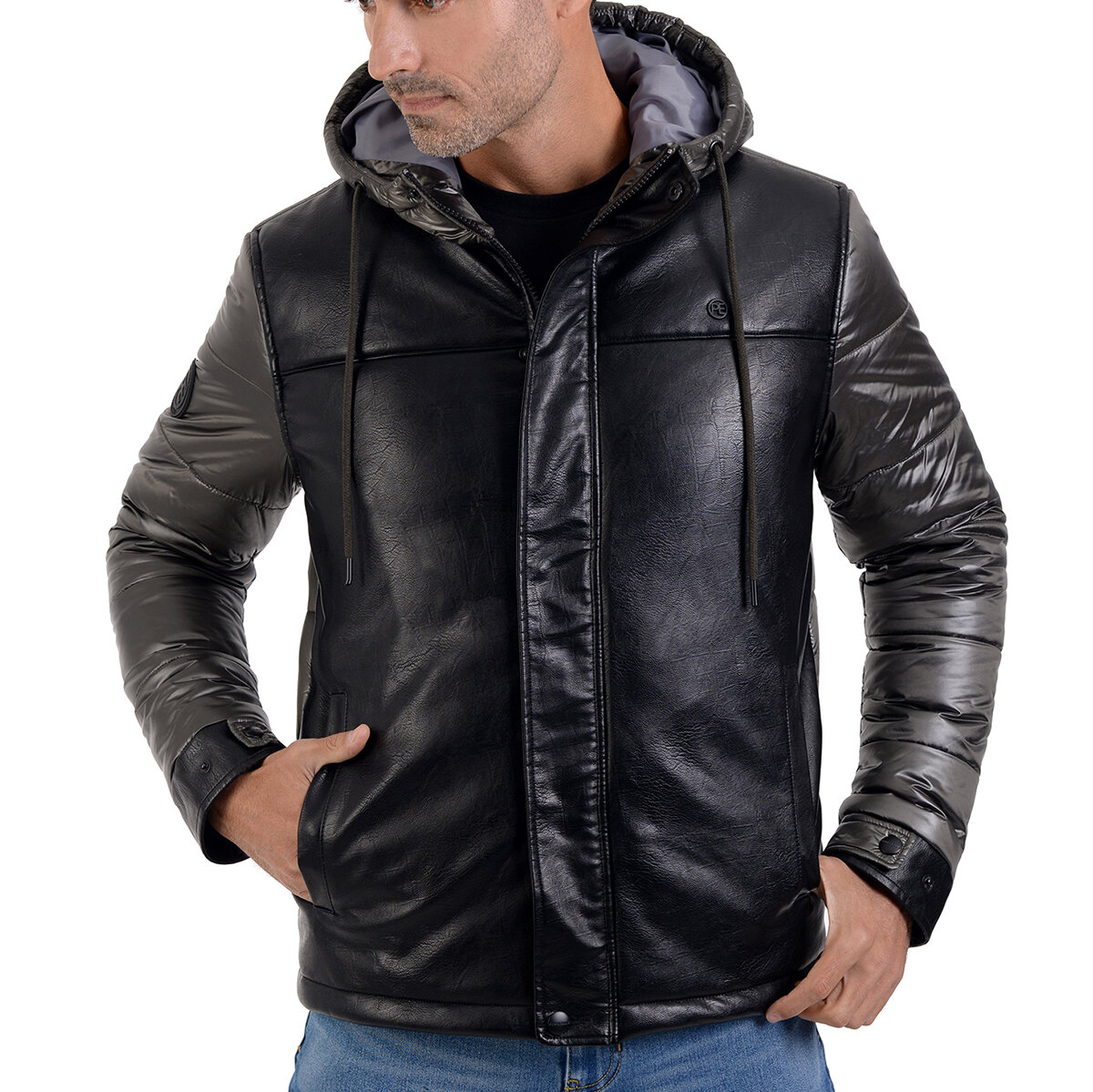 Perry Ellis, Chamarra de Piel Sintética para Caballero Color Negro/Gris