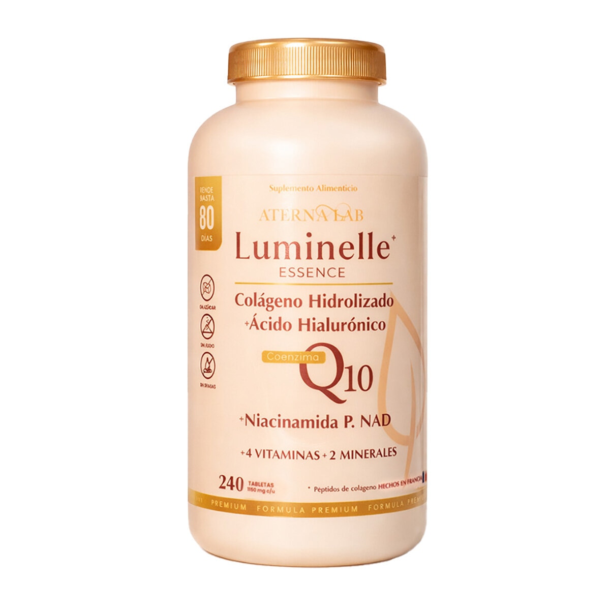 Luminelle Colágeno Hidrolizado, Ácido Hialuronico, NAD y Q10 Frasco de 240 Tabletas