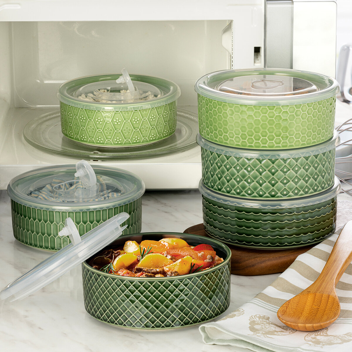 Signature Housewares Incorporated 6 Recipientes para Microondas con Tapas, Varios Colores