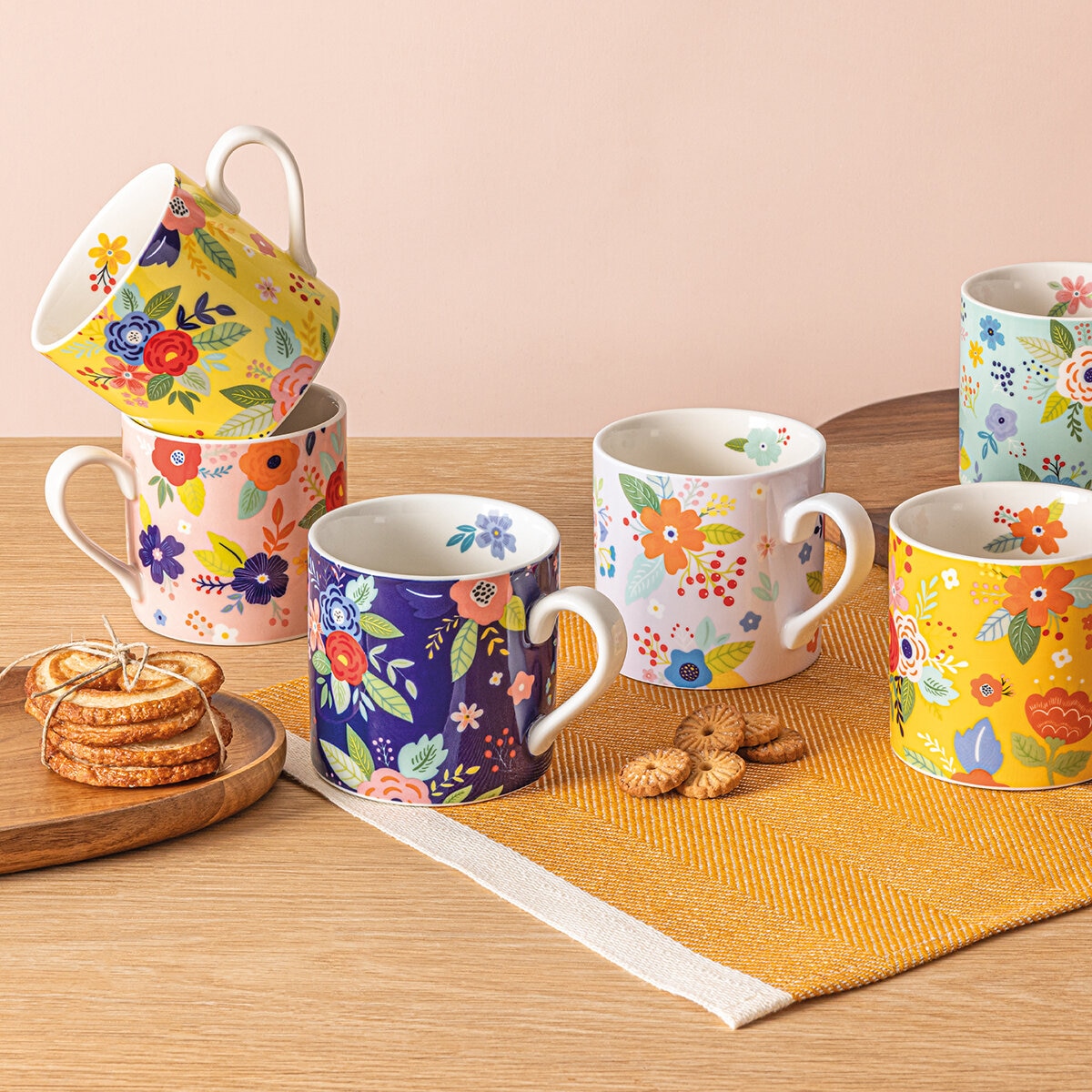 Over&Back Juego de 6 Tazas de Cerámica Florales de 414 mL