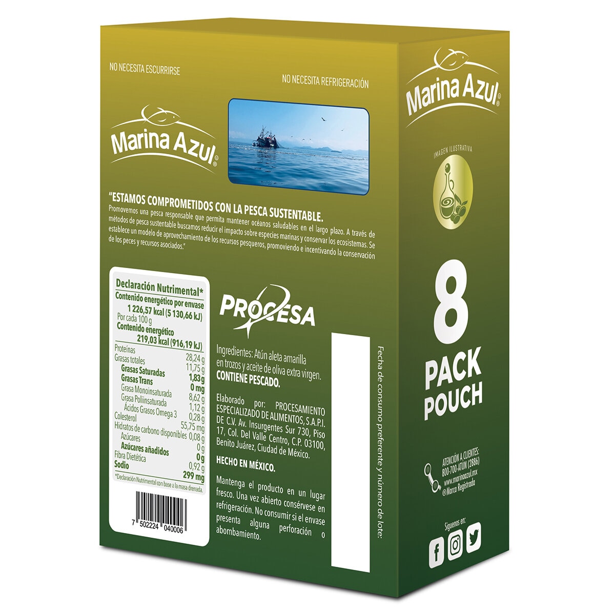 Marina Azul Atún en Aceite de Oliva Pouch 8 sobres de 74 g