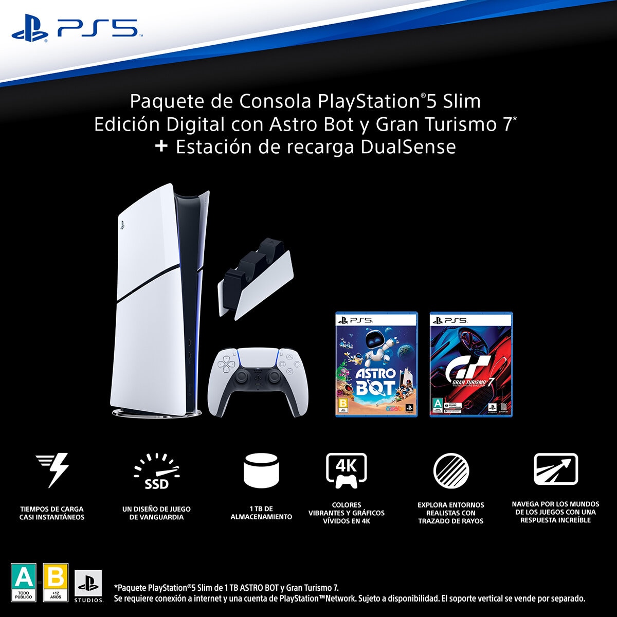 PlayStation 5: Consola Slim Digital de 1TB + 2 Videojuegos + Estación de Carga