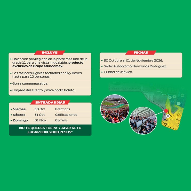 Paquete Fórmula 1 Gran Premio de México: Boleto de entrada para 2 personas al Gran Premio de México del 30 de octubre al 1 de noviembre 2026
